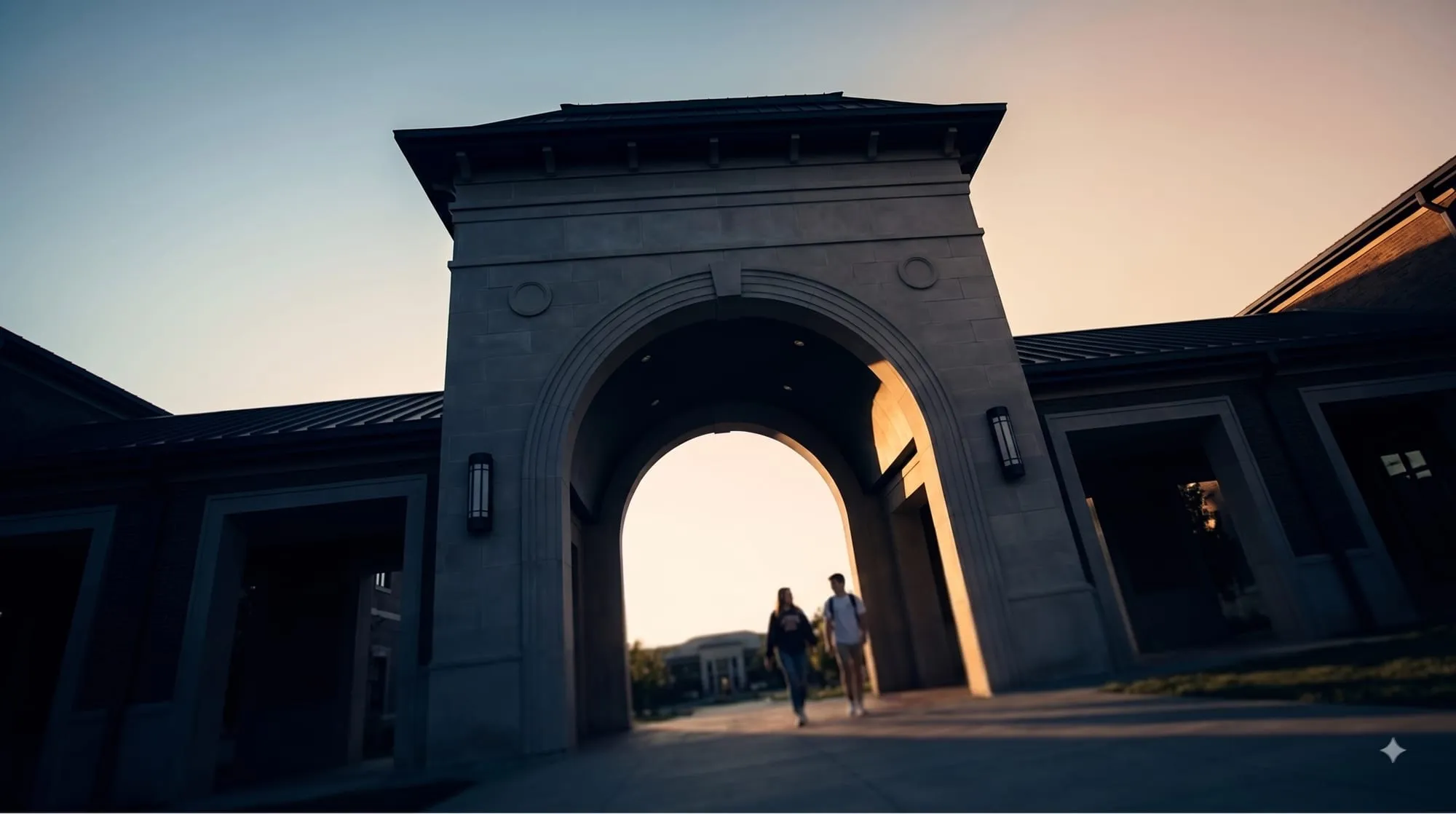 Students walking through a campus archway